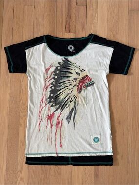 Double D Ranch White Tee with Black Sleeves and Feather Headdress Graphic